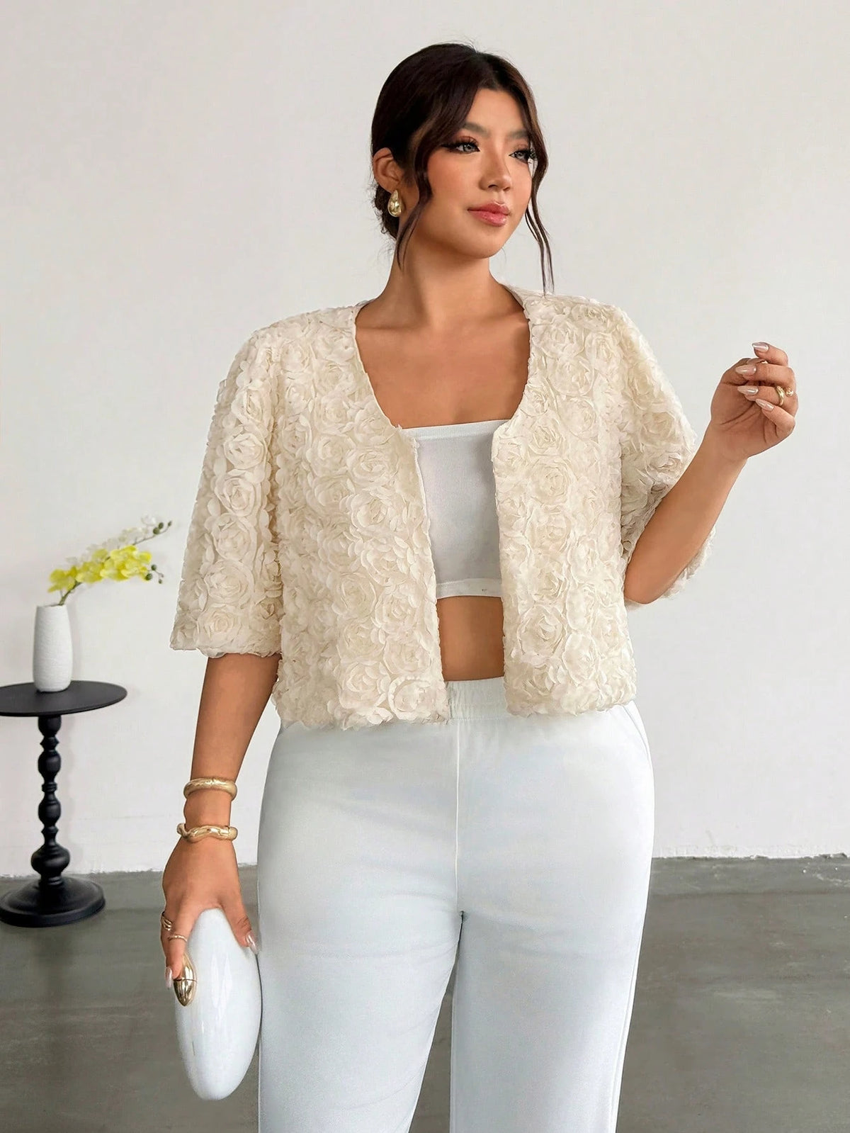 Firerie Plus Size French Style Versatile 3D Floral Decor Jacket Casual Elegant Office Business Work Jacket For Women Casual Daily Going Out Jacket For Women