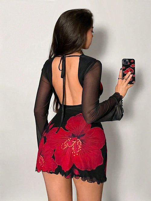 Firerie Women's Black And Red Floral Backless Trumpet Sleeve Mini Dress,Summer 70's Club Night Party Disco Holiday Vacation Beach Dress