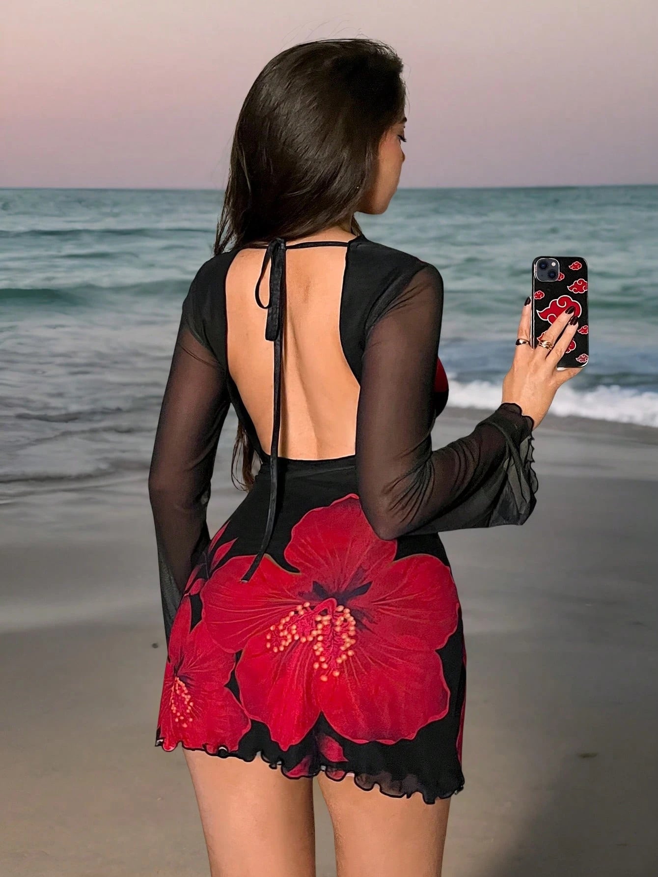 Firerie Women's Black And Red Floral Backless Trumpet Sleeve Mini Dress,Summer 70's Club Night Party Disco Holiday Vacation Beach Dress