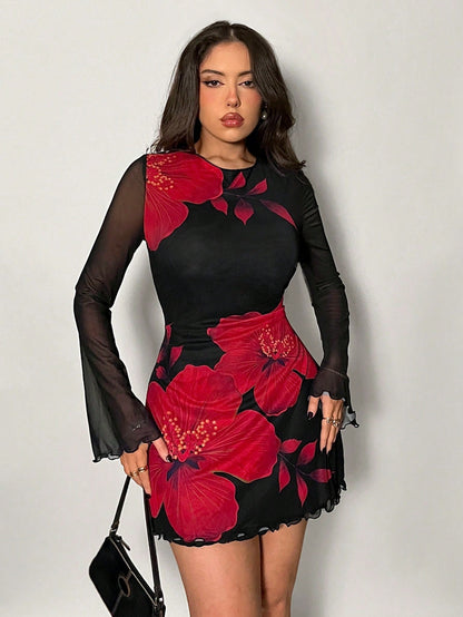 Firerie Women's Black And Red Floral Backless Trumpet Sleeve Mini Dress,Summer 70's Club Night Party Disco Holiday Vacation Beach Dress