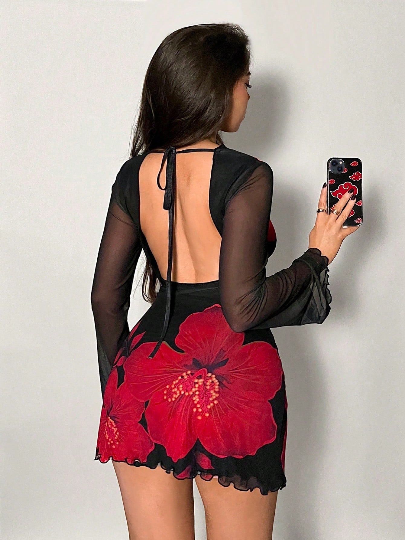 Firerie Women's Black And Red Floral Backless Trumpet Sleeve Mini Dress,Summer 70's Club Night Party Disco Holiday Vacation Beach Dress