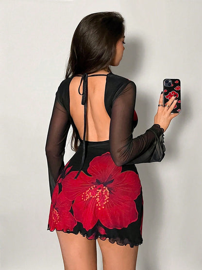 Firerie Women's Black And Red Floral Backless Trumpet Sleeve Mini Dress,Summer 70's Club Night Party Disco Holiday Vacation Beach Dress