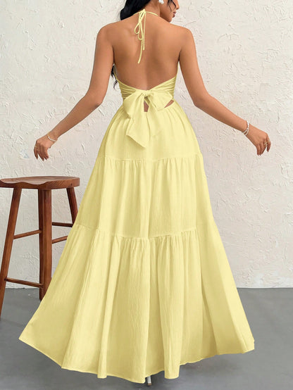 Firerie Women's Chiffon Halter Backless Dress With Tie Lace-Up, For Holiday/Wedding,Pastel Dresses For Women