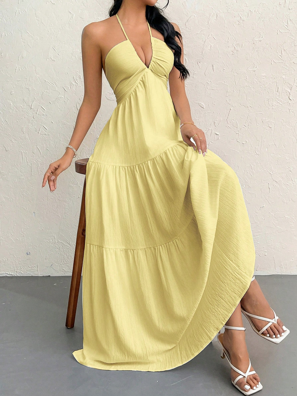 Firerie Women's Chiffon Halter Backless Dress With Tie Lace-Up, For Holiday/Wedding,Pastel Dresses For Women