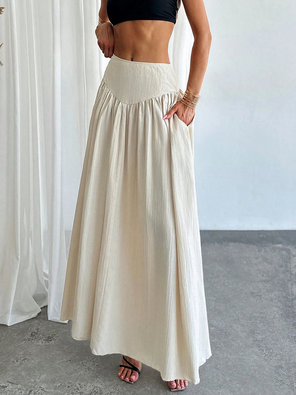 Firerie Women's Elegant A-Line Skirt With Gathered Waist And Real Pockets For Spring Break Outfits