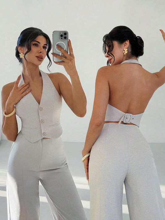 Firerie Women's Elegant Minimalist Light Grey Summer Brunch Chic V-Neck Button Backless Belt Cropped Vest And High Waist Wide Leg Pants 2-Piece Set Khaki
