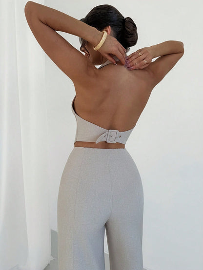 Firerie Women's Elegant Minimalist Light Grey Summer Brunch Chic V-Neck Button Backless Belt Cropped Vest And High Waist Wide Leg Pants 2-Piece Set Khaki