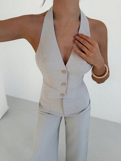 Firerie Women's Elegant Minimalist Light Grey Summer Brunch Chic V-Neck Button Backless Belt Cropped Vest And High Waist Wide Leg Pants 2-Piece Set Khaki