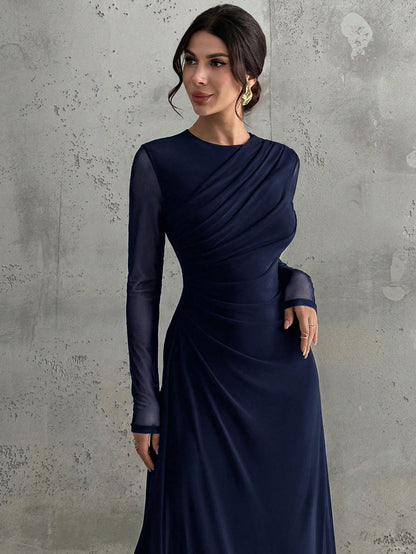 Firerie Women's Elegant Navy Blue Autumn Maxi Dress,Vintage Mesh Round Neck Long Sleeve Pleated A-Line Gown For Formal Dinner Date Wedding Party Dining Office