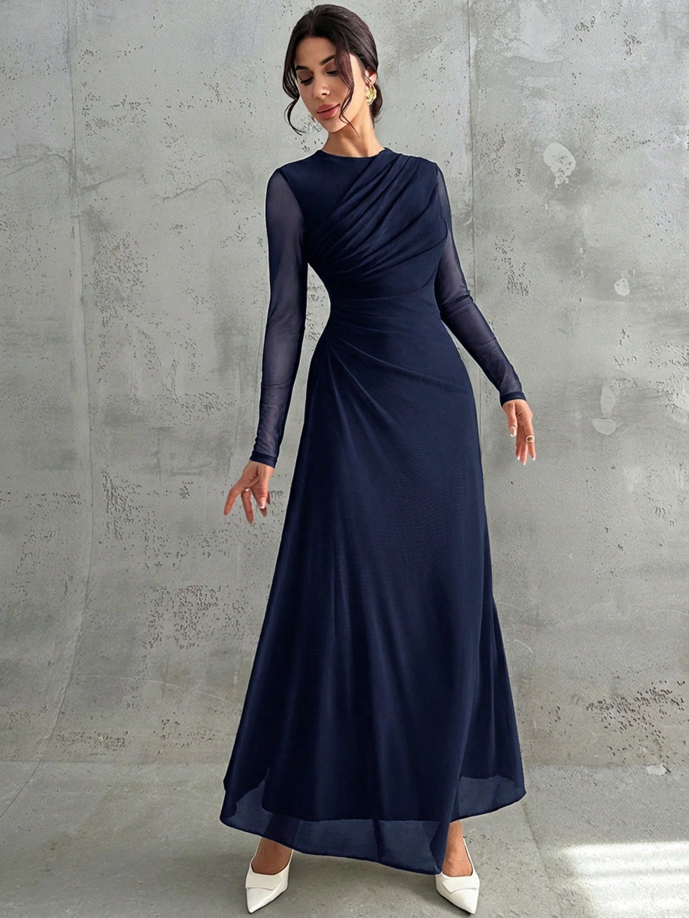 Firerie Women's Elegant Navy Blue Autumn Maxi Dress,Vintage Mesh Round Neck Long Sleeve Pleated A-Line Gown For Formal Dinner Date Wedding Party Dining Office