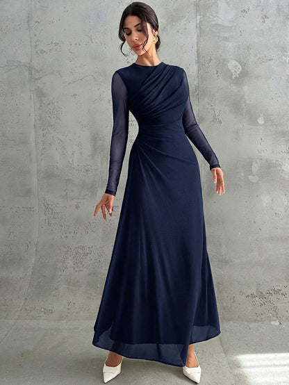Firerie Women's Elegant Navy Blue Autumn Maxi Dress,Vintage Mesh Round Neck Long Sleeve Pleated A-Line Gown For Formal Dinner Date Wedding Party Dining Office