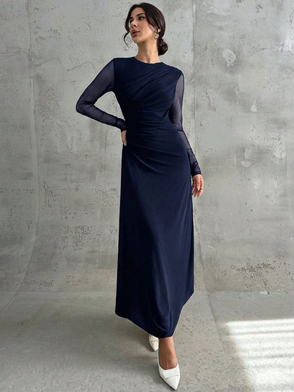 Firerie Women's Elegant Navy Blue Autumn Maxi Dress,Vintage Mesh Round Neck Long Sleeve Pleated A-Line Gown For Formal Dinner Date Wedding Party Dining Office