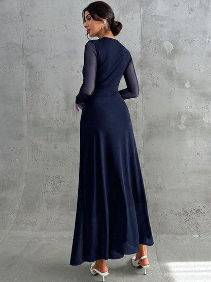 Firerie Women's Elegant Navy Blue Autumn Maxi Dress,Vintage Mesh Round Neck Long Sleeve Pleated A-Line Gown For Formal Dinner Date Wedding Party Dining Office