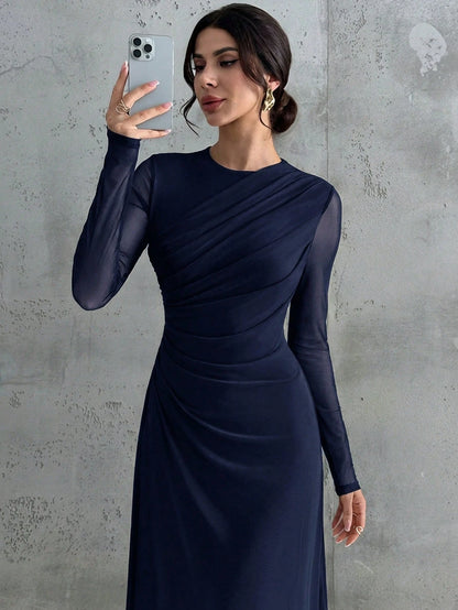 Firerie Women's Elegant Navy Blue Autumn Maxi Dress,Vintage Mesh Round Neck Long Sleeve Pleated A-Line Gown For Formal Dinner Date Wedding Party Dining Office