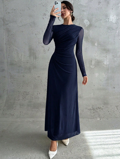Firerie Women's Elegant Navy Blue Autumn Maxi Dress,Vintage Mesh Round Neck Long Sleeve Pleated A-Line Gown For Formal Dinner Date Wedding Party Dining Office