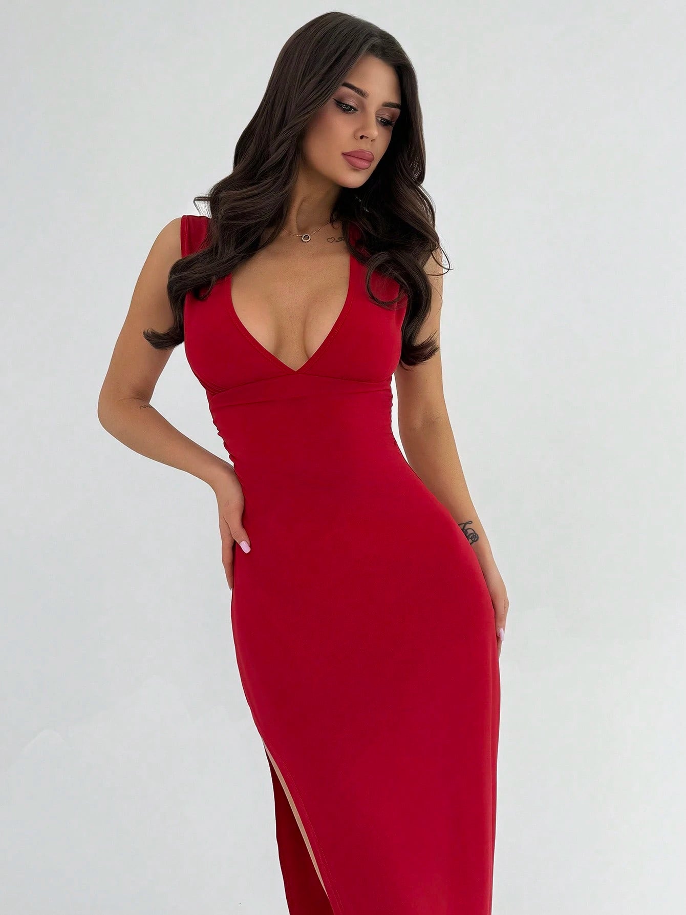 Firerie Women's Elegant Red Deep V Neck Sleeveless High Slit Maxi Dress,Autumn Vintage Fashion Pleat Waist Party Dress, Retro Chic Concert Festival Outfit