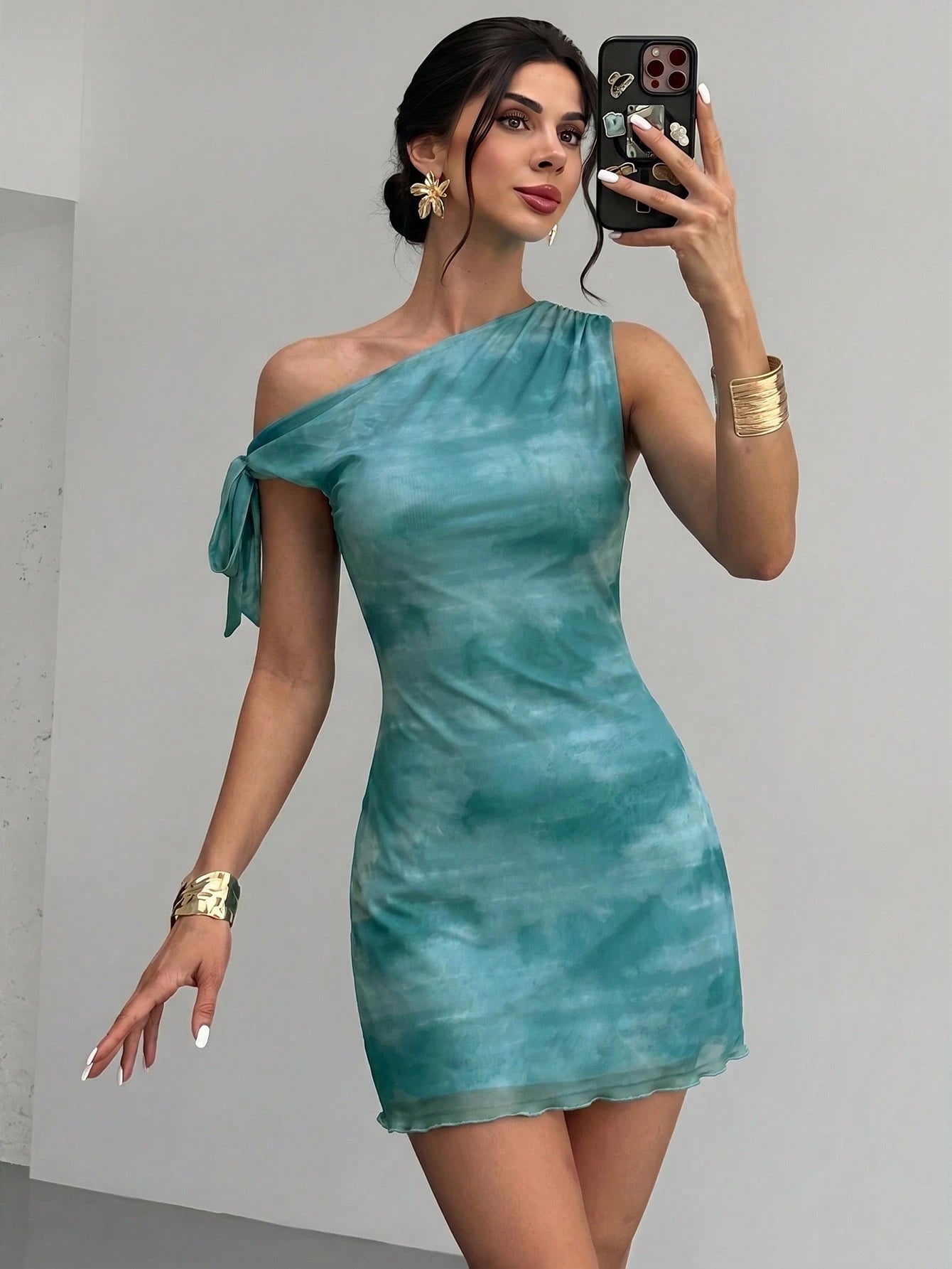 Firerie Women's Grey Blue Summer 70s Retro Holiday Party Vacation Holiday Elegant Floral Asymmetrical Shoulder Mesh Mini Dress,Beach Hawaii Graduation