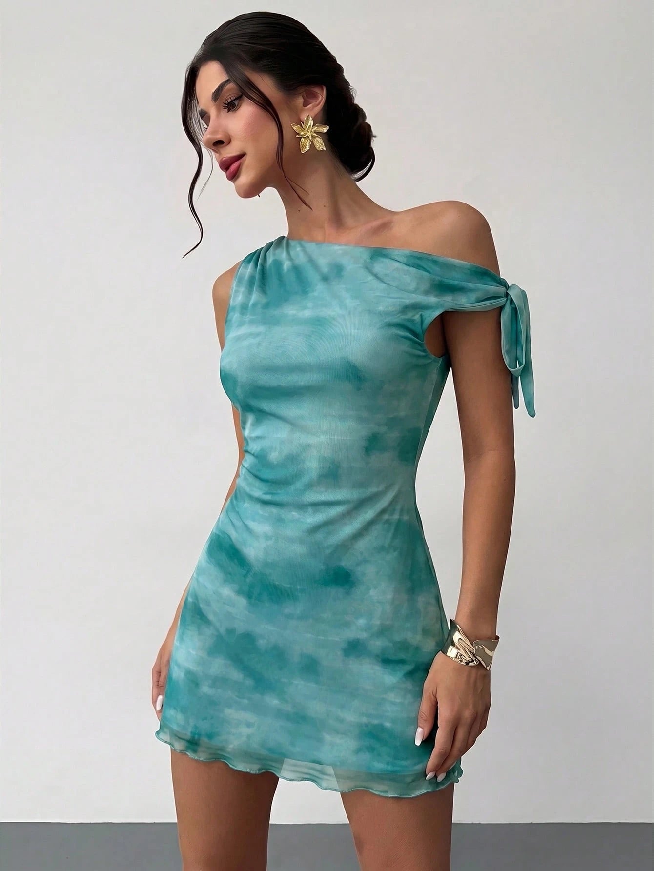 Firerie Women's Grey Blue Summer 70s Retro Holiday Party Vacation Holiday Elegant Floral Asymmetrical Shoulder Mesh Mini Dress,Beach Hawaii Graduation