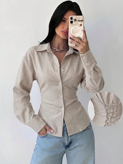 Firerie Women's Silver Long Sleeve Shirt, Back Ruched Shirt, Daily Commute Shirt, Teachers' Day Shirt, Waist-Cinching Shirt, Spring Summer Autumn Winter