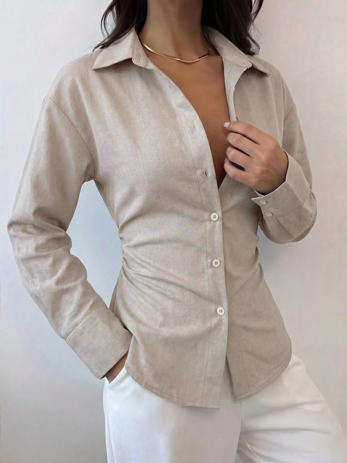 Firerie Women's Silver Long Sleeve Shirt, Back Ruched Shirt, Daily Commute Shirt, Teachers' Day Shirt, Waist-Cinching Shirt, Spring Summer Autumn Winter
