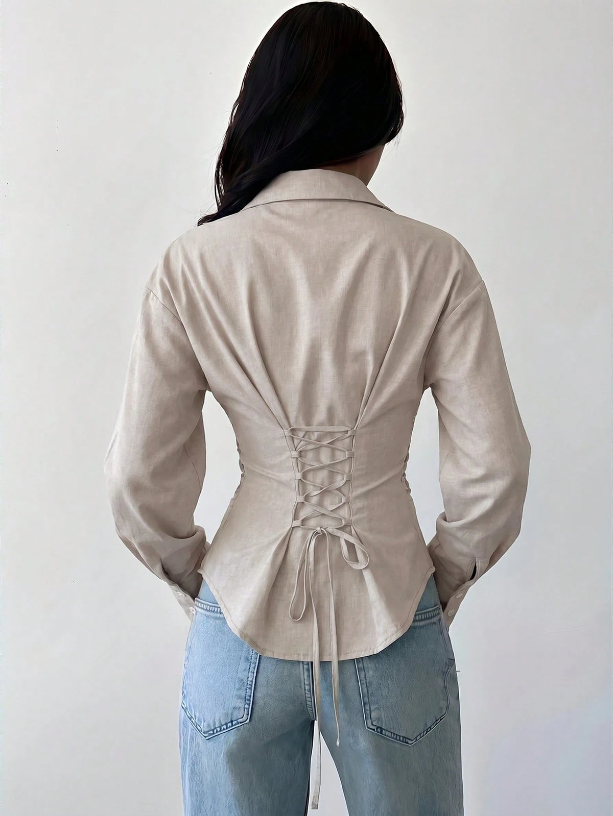 Firerie Women's Silver Long Sleeve Shirt, Back Ruched Shirt, Daily Commute Shirt, Teachers' Day Shirt, Waist-Cinching Shirt, Spring Summer Autumn Winter