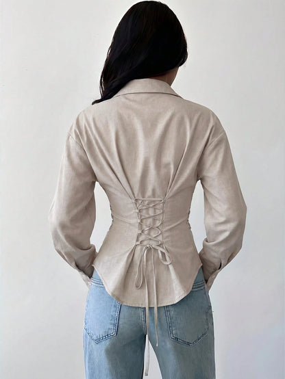 Firerie Women's Silver Long Sleeve Shirt, Back Ruched Shirt, Daily Commute Shirt, Teachers' Day Shirt, Waist-Cinching Shirt, Spring Summer Autumn Winter