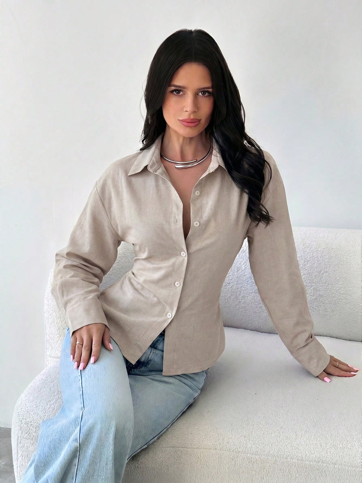 Firerie Women's Silver Long Sleeve Shirt, Back Ruched Shirt, Daily Commute Shirt, Teachers' Day Shirt, Waist-Cinching Shirt, Spring Summer Autumn Winter