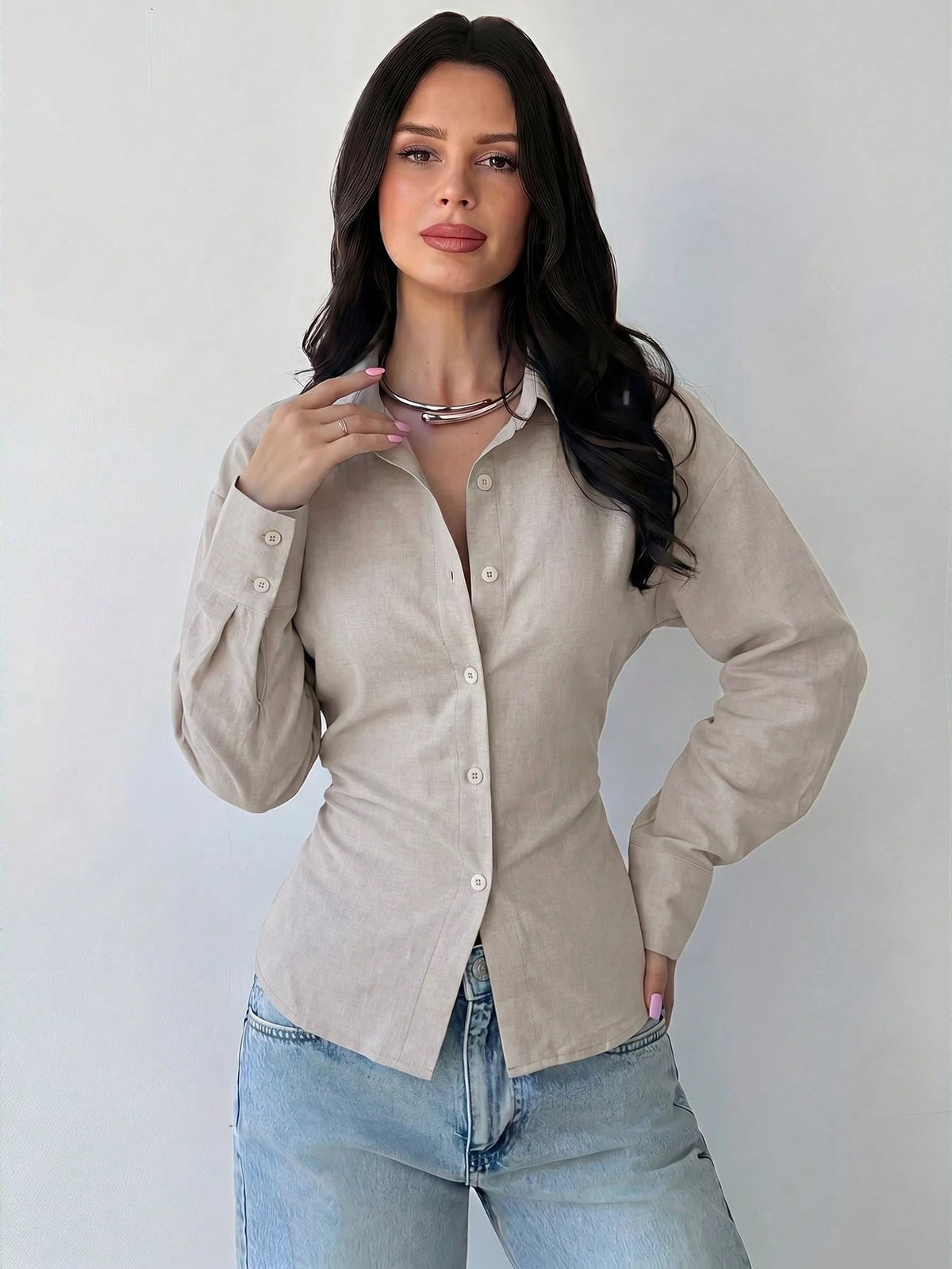 Firerie Women's Silver Long Sleeve Shirt, Back Ruched Shirt, Daily Commute Shirt, Teachers' Day Shirt, Waist-Cinching Shirt, Spring Summer Autumn Winter