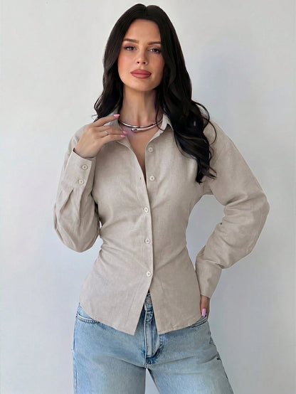Firerie Women's Silver Long Sleeve Shirt, Back Ruched Shirt, Daily Commute Shirt, Teachers' Day Shirt, Waist-Cinching Shirt, Spring Summer Autumn Winter