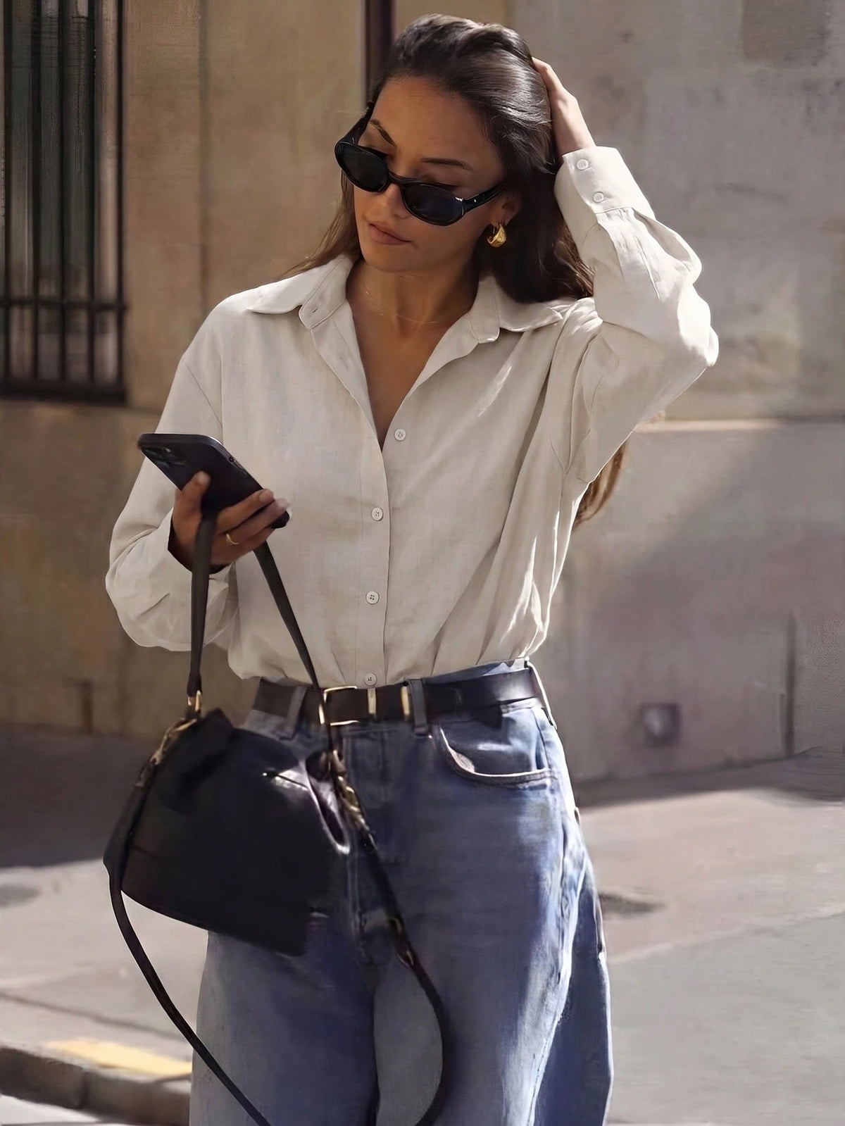 Firerie Women's Silver Long Sleeve Shirt, Back Ruched Shirt, Daily Commute Shirt, Teachers' Day Shirt, Waist-Cinching Shirt, Spring Summer Autumn Winter