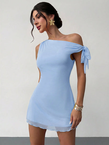 Firerie Women's Summer New Floral Asymmetrical Neckline Sexy Elegant Vacation Mini Dress, Mesh Floral Dress, Spring/Summer Clothing, Beach Wear, Hawaii, Date