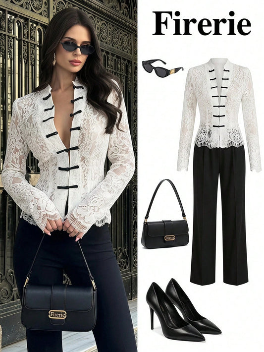 Firerie Women's White Floral Lace Long Sleeve Blouse,Retro Palace Style Button Waist Shirt,Semi-Sheer Elegant Top For Dinner Date Date,Summer And Wear