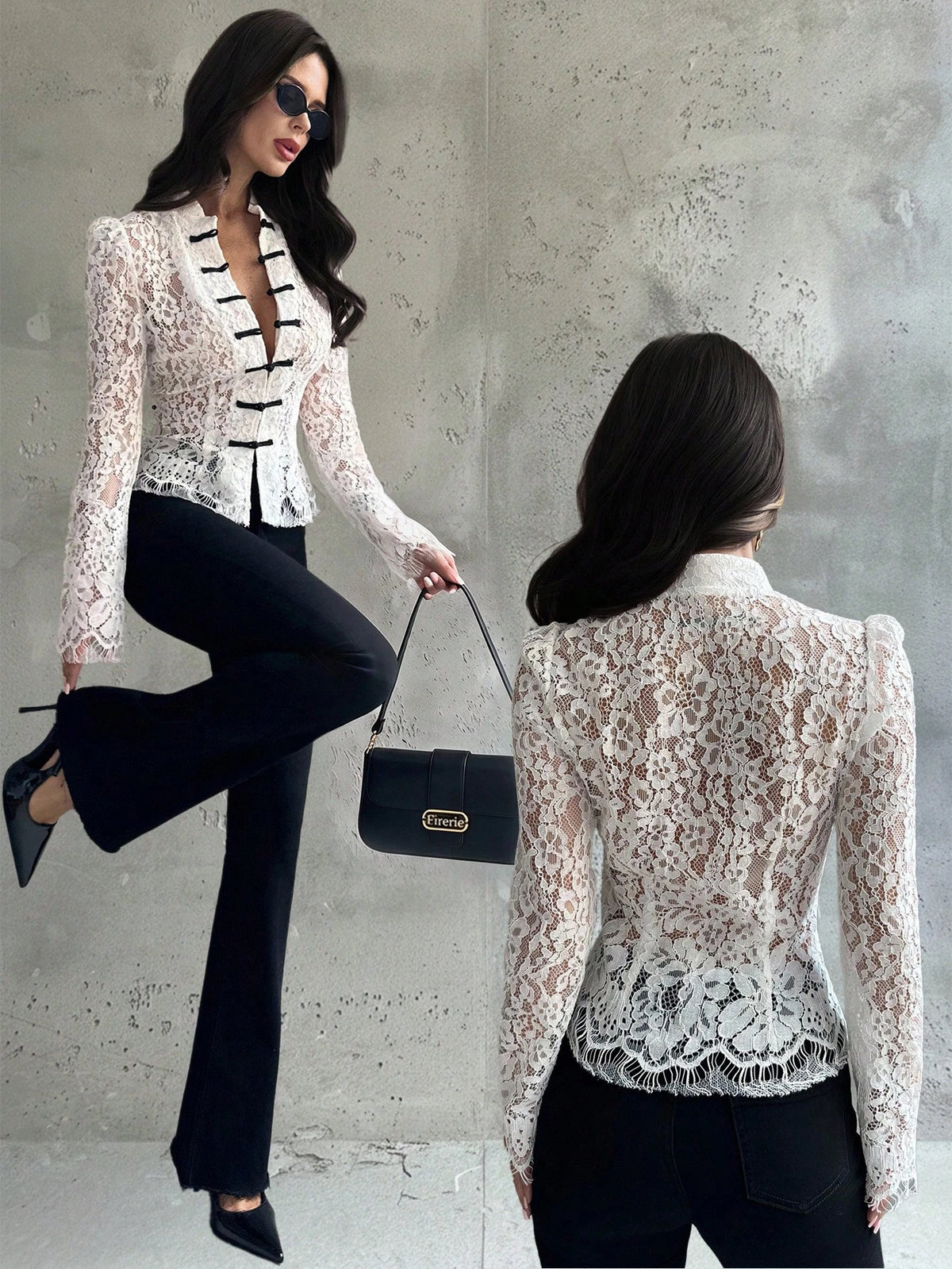 Firerie Women's White Floral Lace Long Sleeve Blouse,Retro Palace Style Button Waist Shirt,Semi-Sheer Elegant Top For Dinner Date Date,Summer And Wear