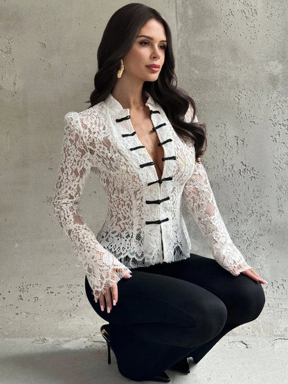 Firerie Women's White Floral Lace Long Sleeve Blouse,Retro Palace Style Button Waist Shirt,Semi-Sheer Elegant Top For Dinner Date Date,Summer And Wear