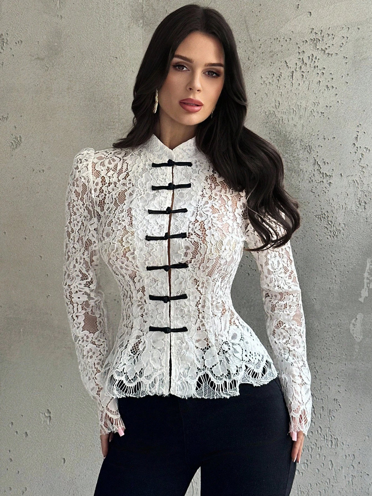Firerie Women's White Floral Lace Long Sleeve Blouse,Retro Palace Style Button Waist Shirt,Semi-Sheer Elegant Top For Dinner Date Date,Summer And Wear