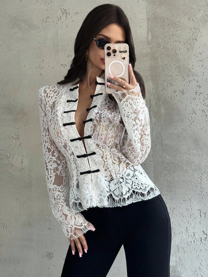 Firerie Women's White Floral Lace Long Sleeve Blouse,Retro Palace Style Button Waist Shirt,Semi-Sheer Elegant Top For Dinner Date Date,Summer And Wear
