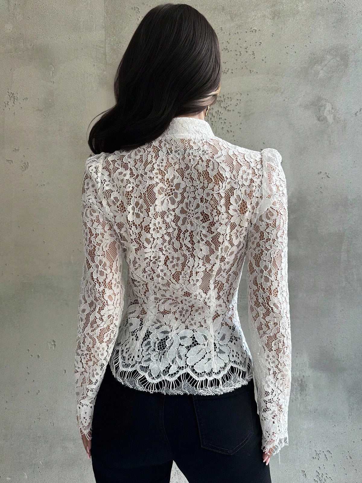 Firerie Women's White Floral Lace Long Sleeve Blouse,Retro Palace Style Button Waist Shirt,Semi-Sheer Elegant Top For Dinner Date Date,Summer And Wear