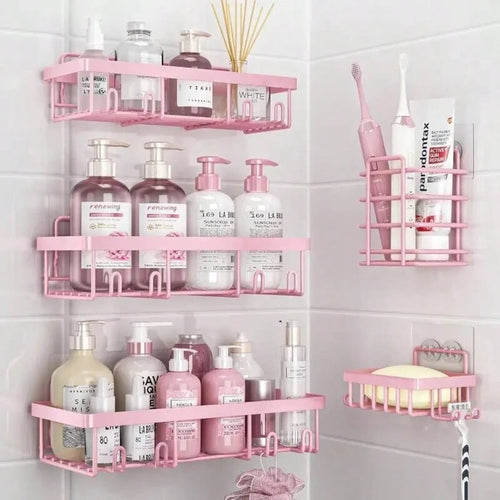 Five-Piece Bathroom And Toilet Storage Rack Set, Rust-Proof, No-Drill Shower Rack. Sturdy And Easy To Install. Suitable For Shower Rooms, Toilets, And Kitchen Organization.