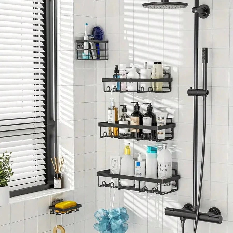 Five-Piece Bathroom And Toilet Storage Rack Set, Rust-Proof, No-Drill Shower Rack. Sturdy And Easy To Install. Suitable For Shower Rooms, Toilets, And Kitchen Organization.