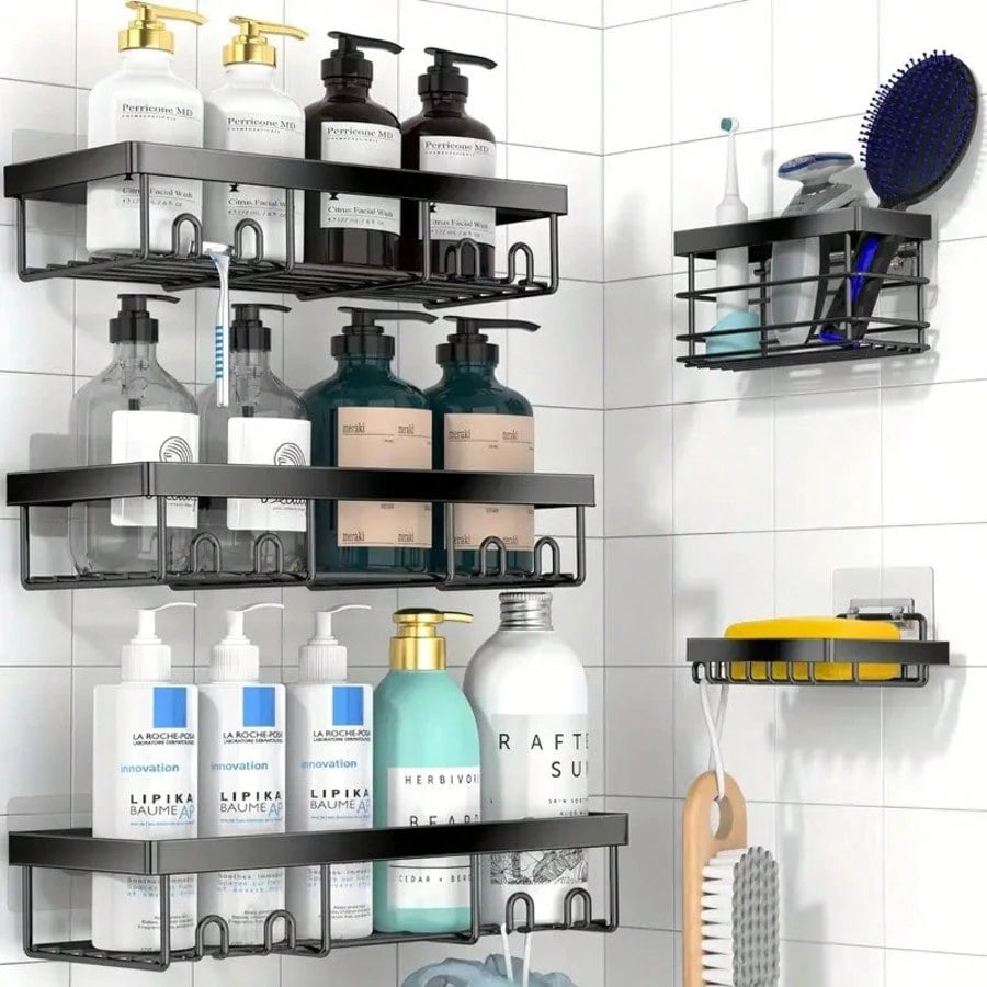 Five-Piece Bathroom And Toilet Storage Rack Set, Rust-Proof, No-Drill Shower Rack. Sturdy And Easy To Install. Suitable For Shower Rooms, Toilets, And Kitchen Organization.