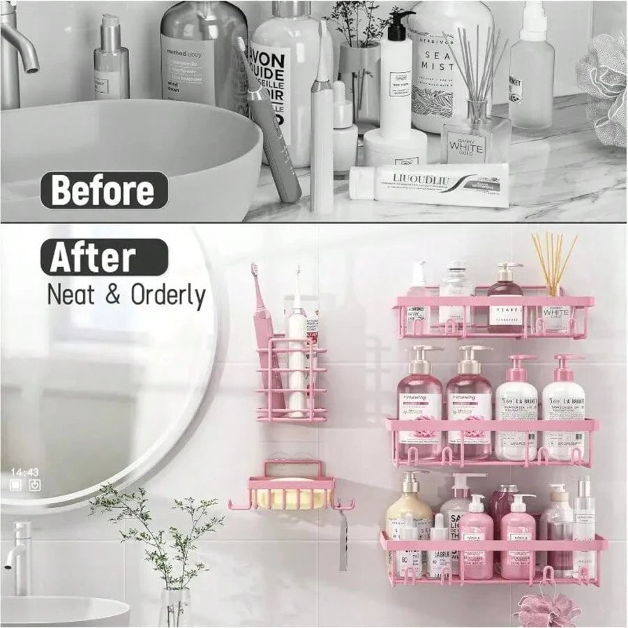 Five-Piece Bathroom And Toilet Storage Rack Set, Rust-Proof, No-Drill Shower Rack. Sturdy And Easy To Install. Suitable For Shower Rooms, Toilets, And Kitchen Organization.