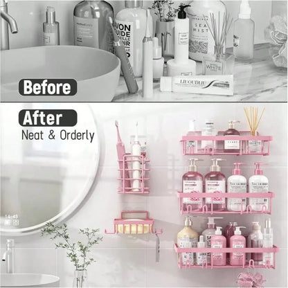Five-Piece Bathroom And Toilet Storage Rack Set, Rust-Proof, No-Drill Shower Rack. Sturdy And Easy To Install. Suitable For Shower Rooms, Toilets, And Kitchen Organization.