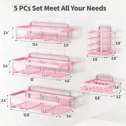 Five-Piece Bathroom And Toilet Storage Rack Set, Rust-Proof, No-Drill Shower Rack. Sturdy And Easy To Install. Suitable For Shower Rooms, Toilets, And Kitchen Organization.