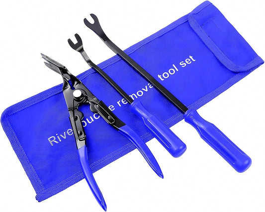 Fkewp 3PCS Car Clip Removal Tool, Auto Trim Upholstery Pry Tool Kit Fastener Rivet Remover With Storage Bag, Door Panel Clip Pliers Set Dashboard Repair Tools For Sedan Truck SUV (Blue)