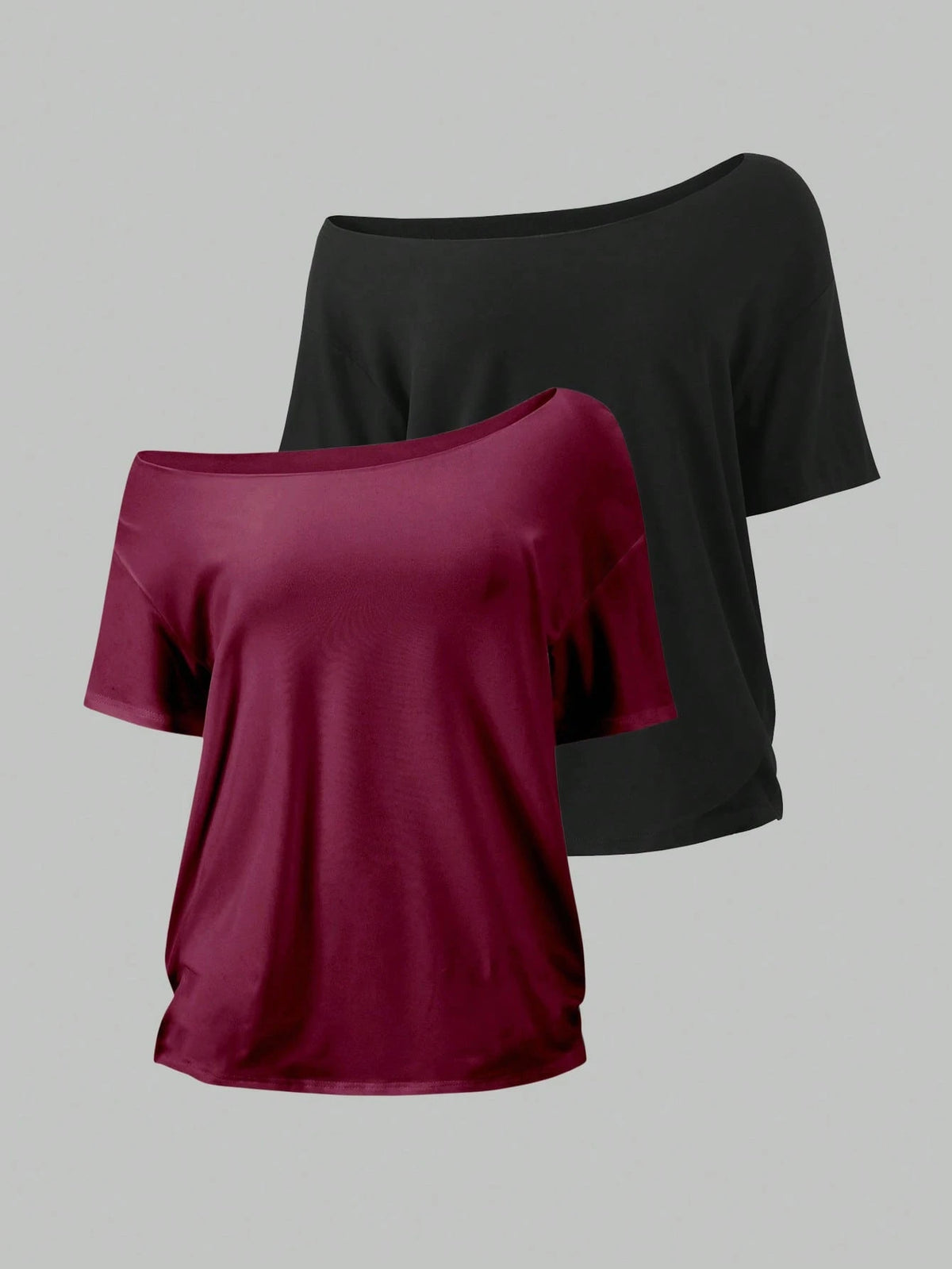 Flirla 2pcs Women's Loose Asymmetric-Shoulder T-Shirt, Elegant Black & Wine Red Solid Color Oversized Tee