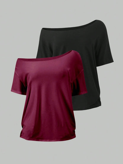 Flirla 2pcs Women's Loose Asymmetric-Shoulder T-Shirt, Elegant Black & Wine Red Solid Color Oversized Tee