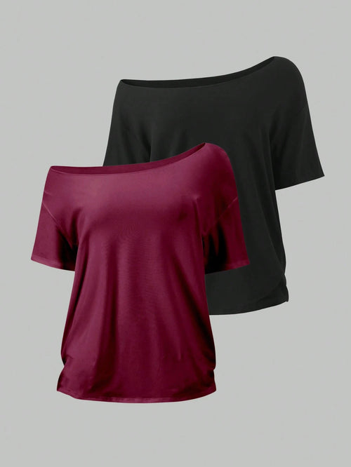 Flirla 2pcs Women's Loose Asymmetric-Shoulder T-Shirt, Elegant Black & Wine Red Solid Color Oversized Tee