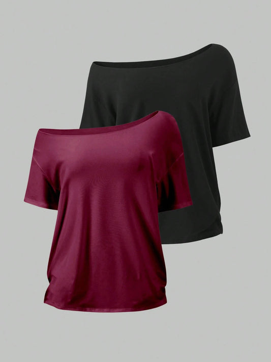 Flirla 2pcs Women's Loose Asymmetric-Shoulder T-Shirt, Elegant Black & Wine Red Solid Color Oversized Tee
