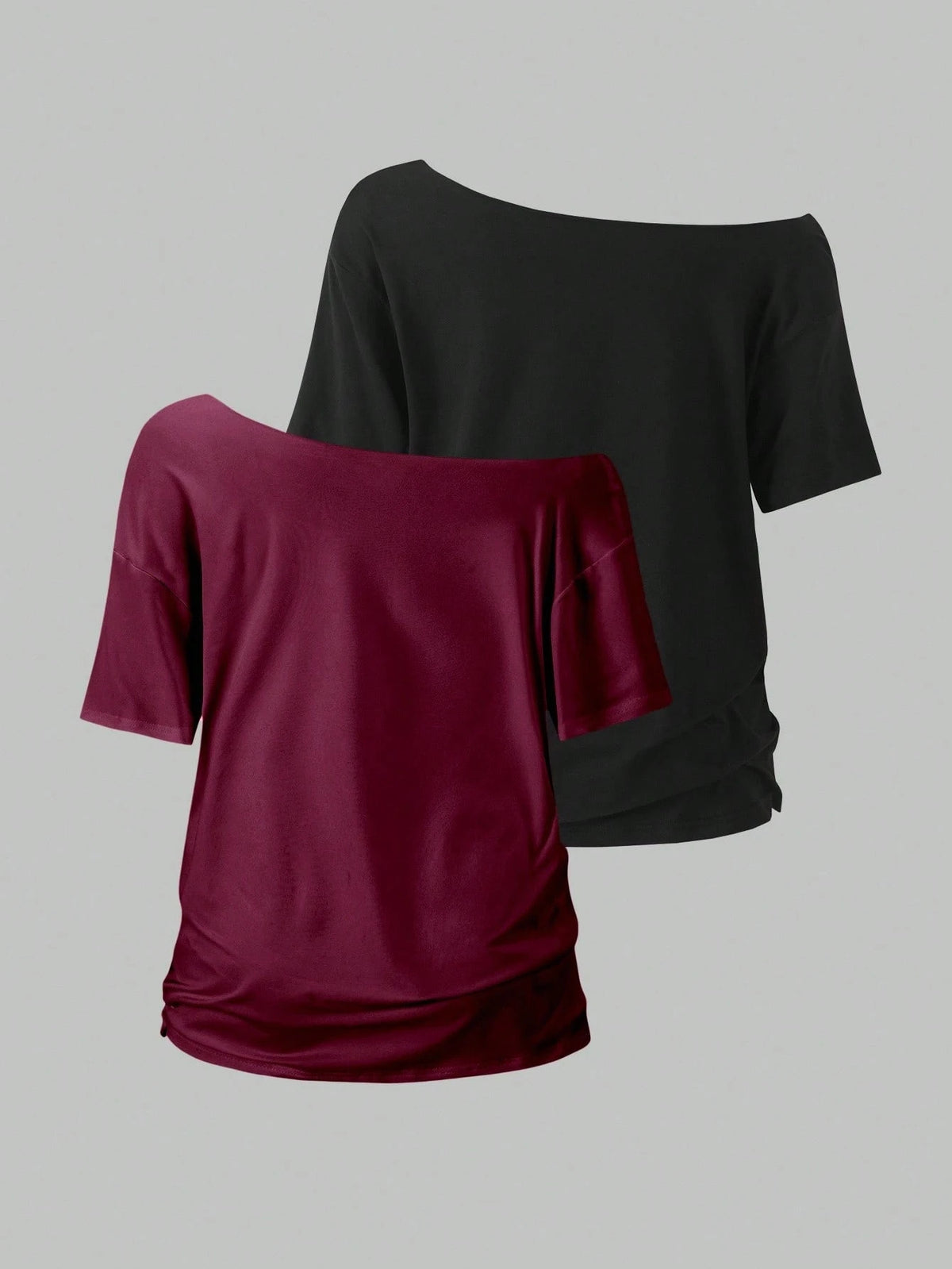 Flirla 2pcs Women's Loose Asymmetric-Shoulder T-Shirt, Elegant Black & Wine Red Solid Color Oversized Tee
