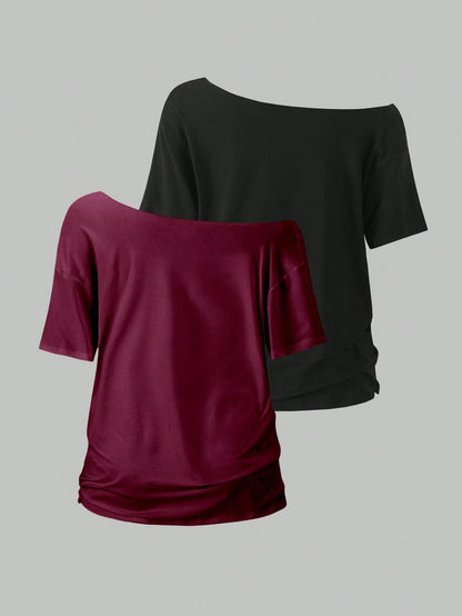 Flirla 2pcs Women's Loose Asymmetric-Shoulder T-Shirt, Elegant Black & Wine Red Solid Color Oversized Tee